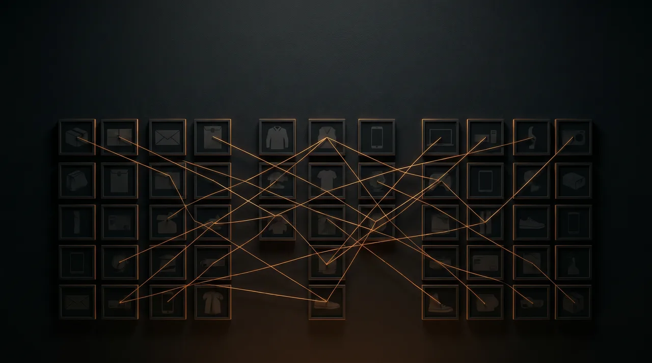A dark wall of framed product icons connected by orange threads, mapping return-fraud patterns