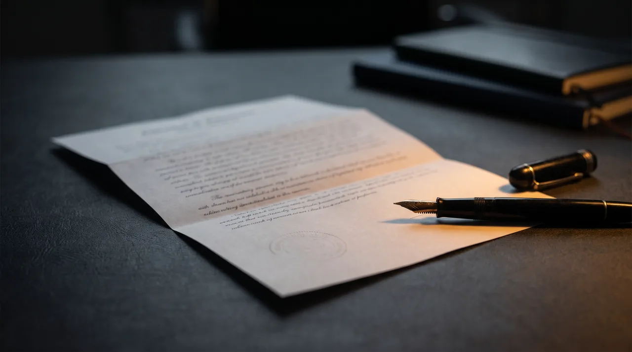A formal letter on a desk with a fountain pen, ready to sign