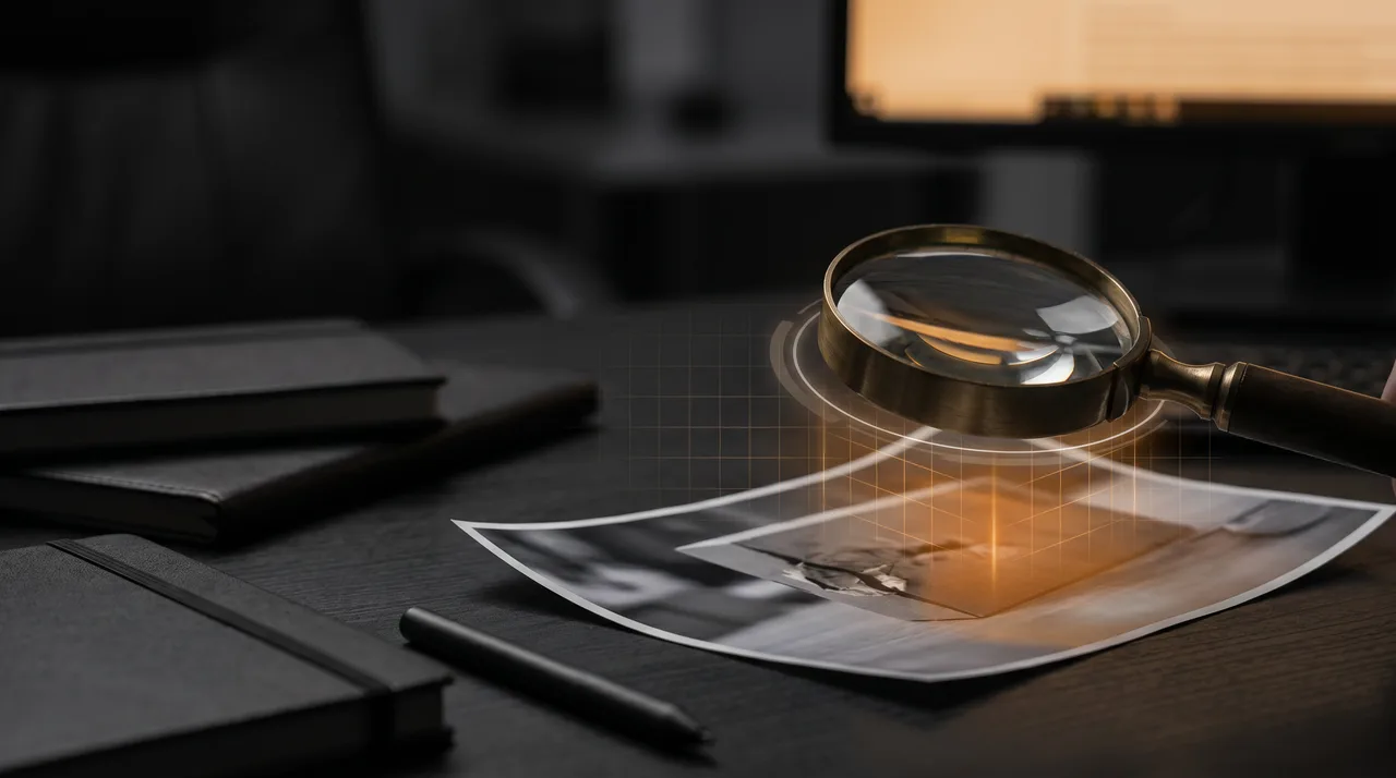 A magnifying glass examining a printed photograph on a dark desk