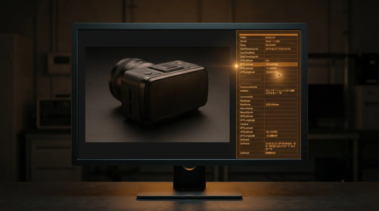 A monitor showing a product photo beside its EXIF metadata fields (Make, Model, GPS, Software)