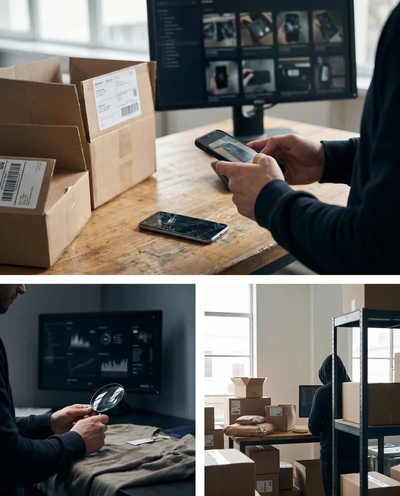 Forensische Aufnahme eines Retourenfotos mit defektem Smartphone: Makro-Aufnahme, Lupen-Prüfung und Lagerregal