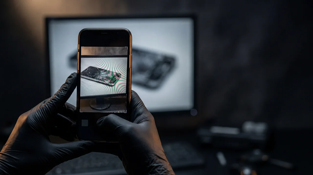 Gloved hands photographing a cracked-phone image off a monitor — a re-photographed screen showing tell-tale moiré banding