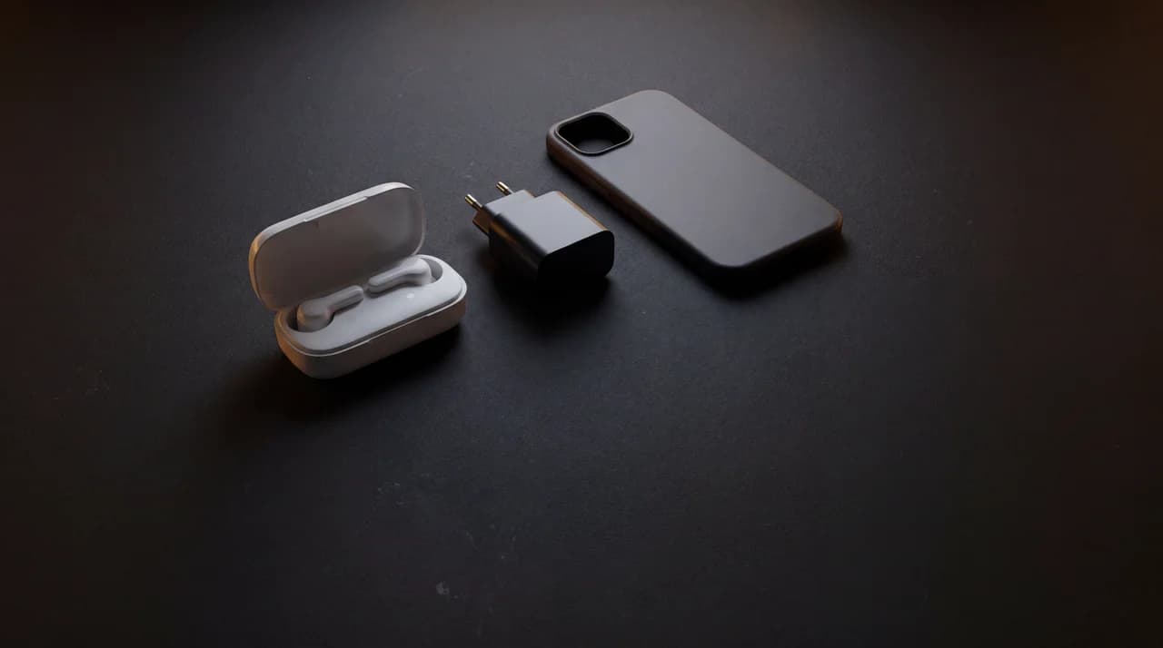 Wireless earbuds, a charger and a phone case on a dark forensic backdrop, submitted as return-claim evidence