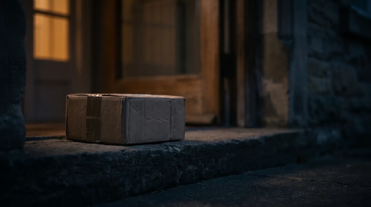 A small parcel left on a dark doorstep at dusk