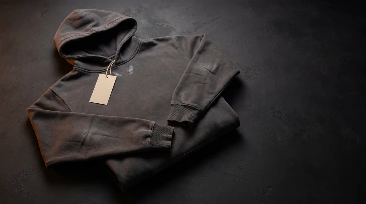 A folded grey hoodie with its retail tag still attached, laid flat on a dark surface